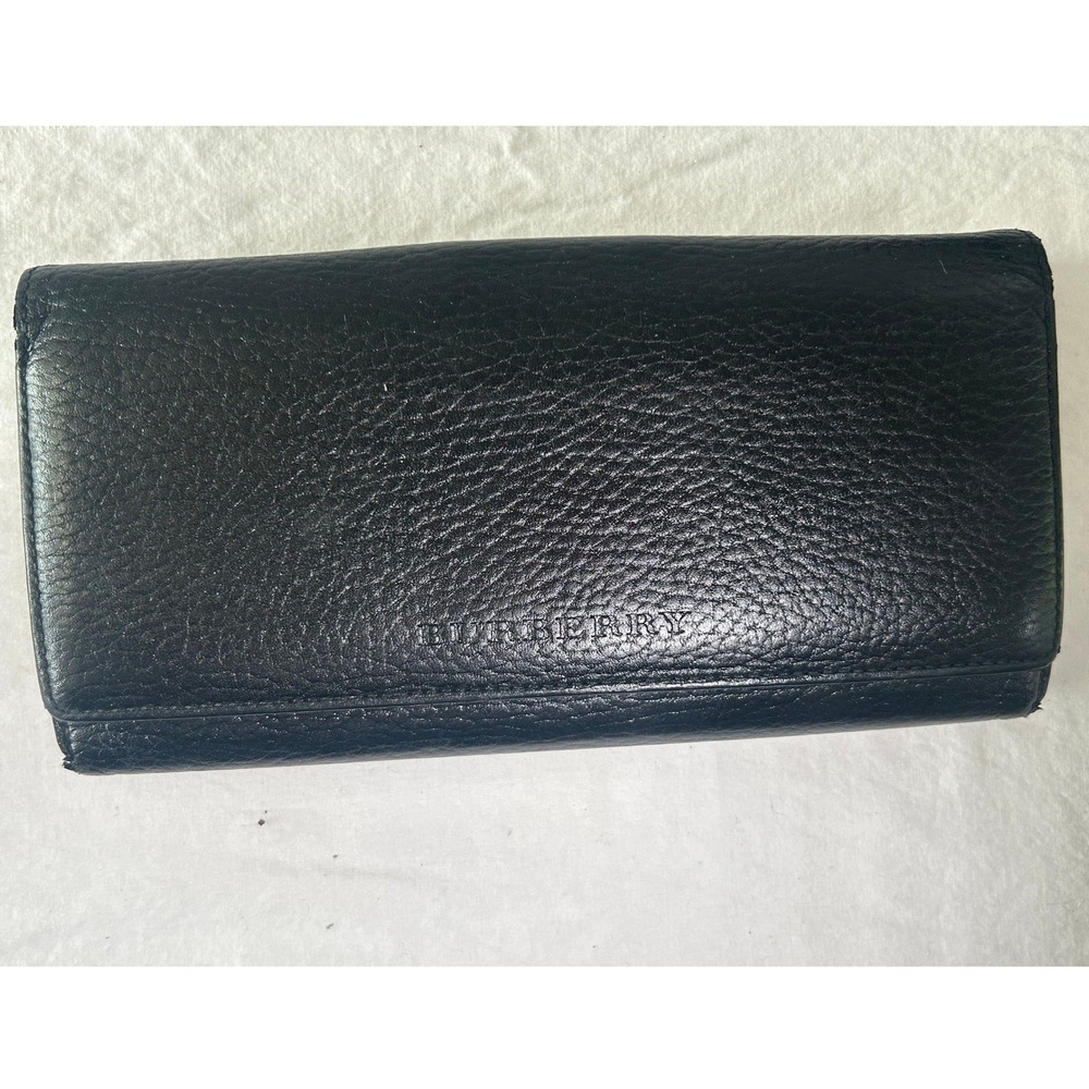 Burberry Black Pebbled Leather Long Wallet Nova Check Lining with Box#971